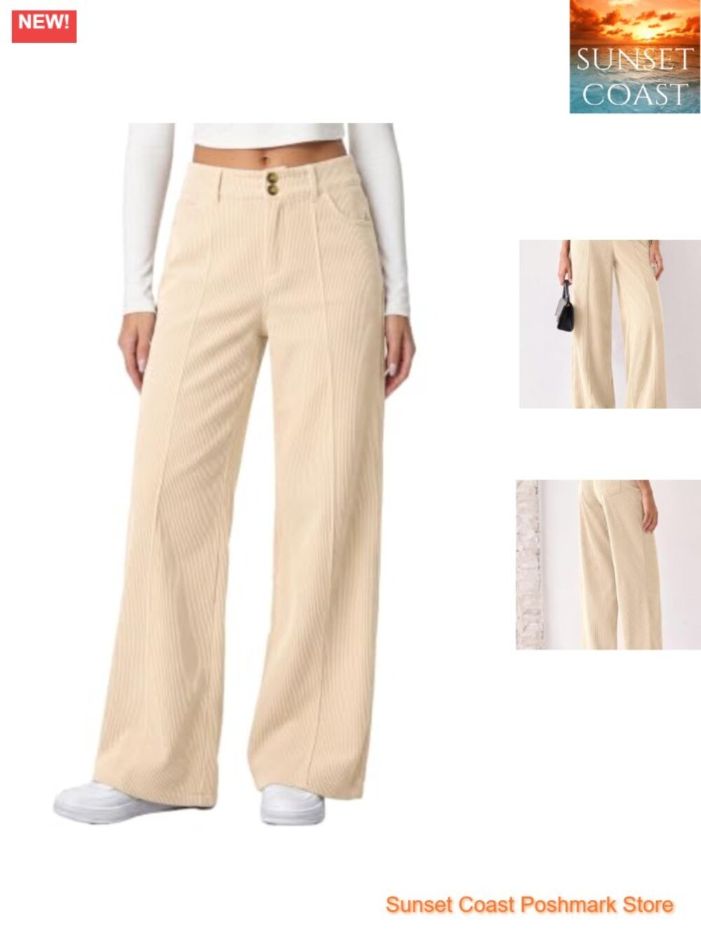 High Waist Wide Leg Corduroy Pants Double Button Tummy Control